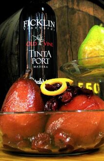 Port Poached Pears with Cranberry Reduction with bottle of Old Vine Tinta Port